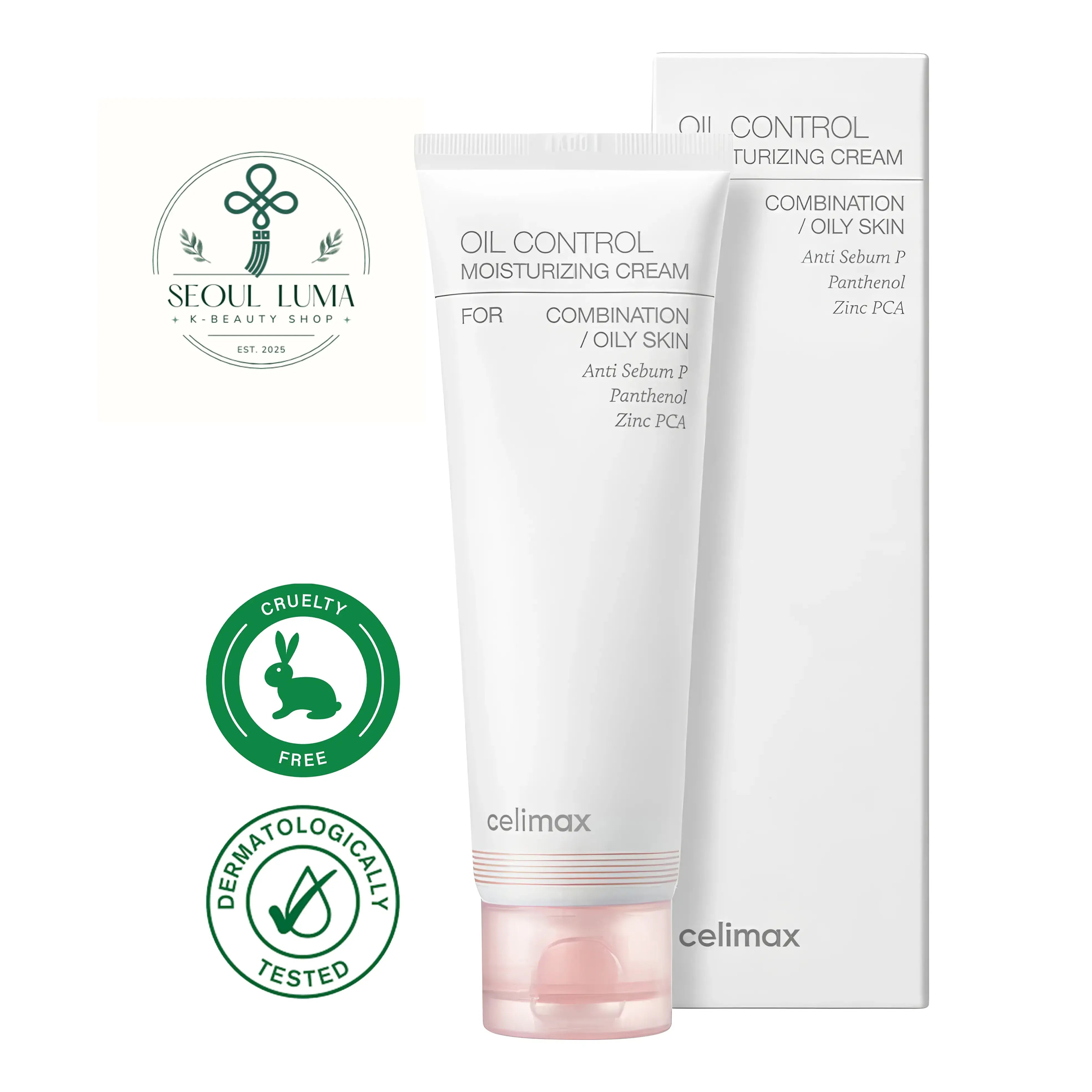 CELIMAX Oil Control Moisture Cream with oil-absorbing technology, ceramides, and hyaluronic acid for balanced hydration without shine